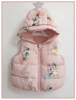 Disney Baby Girls Minnie Mouse Hooded Puffer Jacket Gilet Bodywarmer 3-6 Mth NEW • £12.99