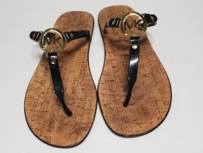 MICHAEL KORS Black Jelly Cork Thongs Flat Sandals Flip Flop Gold US Size 11/42.5 • $22.50