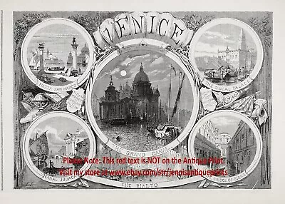 Italy Venice Decorative 6 Views Large 1860s Antique Engraving Print & Article • $39.95