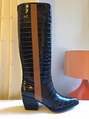 £385 • Buy Chloe Vinny Knee Boots UK8.5 EU41.5 Mid Heel Dark Brown Mock Croc Leather £1095