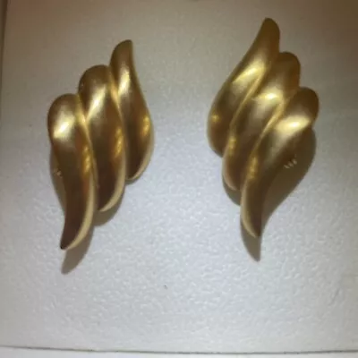 Vintage Signed MONET Goldtone SWINGS Shape Matte Clip-On Earrings Retro • $14