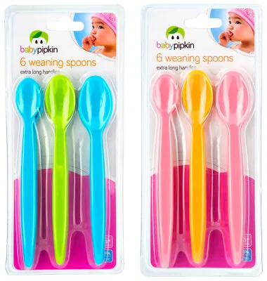 BABY WEANING FEEDING SPOONS 6 Pack Plastic Long Handles Toddler Kids 6 Month+ • £2.97