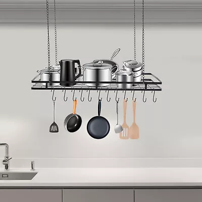 Modern Hanging Pot Holder Pan Hanger Kitchen Ceiling Rack With 12 Hooks Black • $37.05