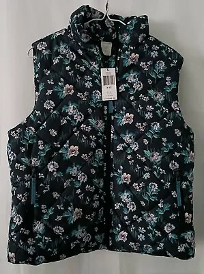 Women Jr's Vera Bradley Flowers Portraits Puffer Vest Size Medium 8-10  TAGS • $35.99