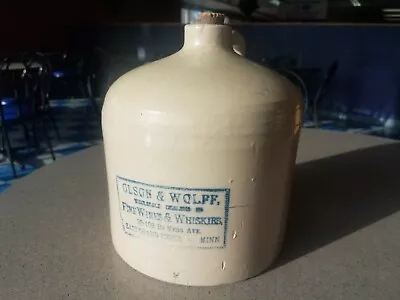 Antique Olson Wolff Wine & Fine Whiskey East Grand Forks Minnesota Stoneware Jug • $318.74