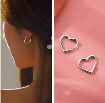 Womens Girls 925 Sterling Silver Love Heart Hoop Earrings Jewellery Gift Hoop UK • £2.99