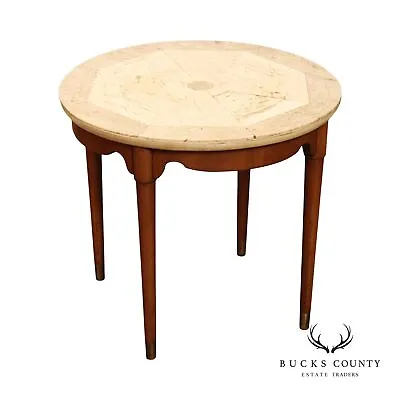 Italian Mid Century Round Travertine Top Walnut Side Table • $595