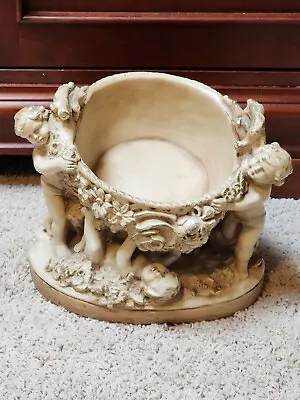 Vintage Marwal Chalkware Statue Planter 3 Cherubs Flower Bowl Or Basket • $50