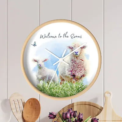 Personalised Bamboo Watercolour Farmhouse Country Sheep Kitchen Wall Clock • £34.99