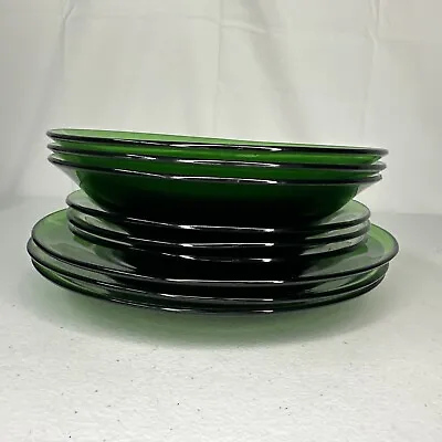 9pc Set Vereco France Green Glass 9” Dinner 7.5” Salad Plate Bowl Place Setting • $49.99