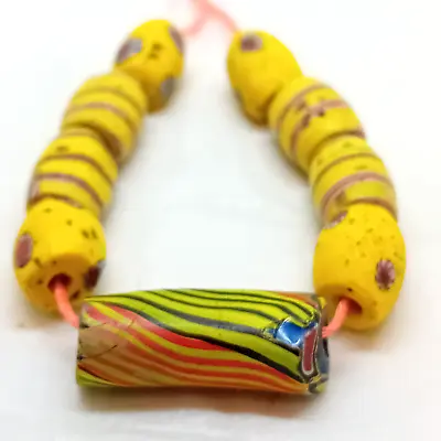 African Venetian Trade Beads Rare Stretched Cane Millefiori Yellow Antique Glass • £22