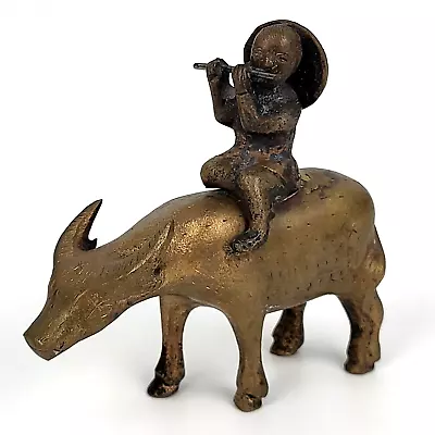 Vtg - Bronze Sculpture - Boy Playing Flute Riding Water Buffalo - Asian Statue • $89.99