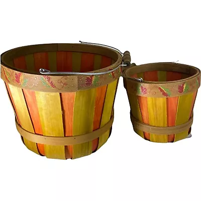 2 VTG Wood Apple Bushel Basket Rustic Farmhouse Shabby Wire Handle Decor Display • $21.39