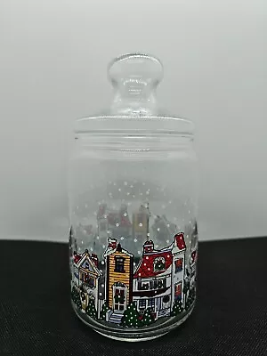 Vintage Christmas Village Storage Glass Candy Jar Winter  • $10.29