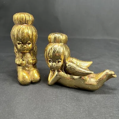 Vtg 2 Flower Child Angels 70s Kitschy Figurines Gold Cherub Green Eyes MCM Japan • $35