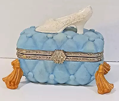 VTG Blue Trinket Box W/ Gold Legs & Hinged Lid W/ White Shoe Cinderella Princess • $17.88