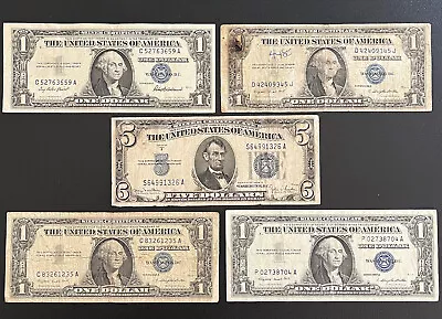 Lot Of 5 1935 1957 $1 Dollar 1934d $5 Dollar Blue Seals Silver Certificates • $5.50