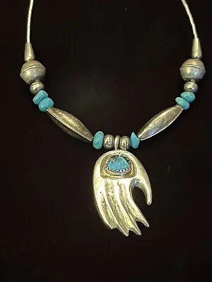 VTG NATIVE AMERICAN RELIOS CAROLYN POLLACK Sterling Hand Pendant Turquoise SIGNE • £53.03