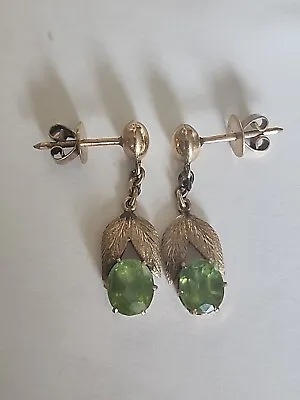 Antique Green Stone 14K Gold Dangle Diamond Cut Leaves Earrings 3.5 Grams • $129.99