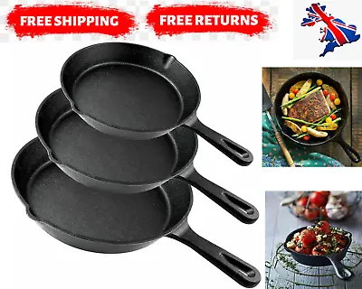 £18.99 • Buy 3 Piece Cast Iron Pan Set Frying Griddle Barbecue Grill BBQ Skillet Pre-Seasoned