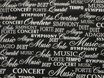 Music Words Concert Solo Duet Forte More White Black Cotton Fabric Fq  • $4.45