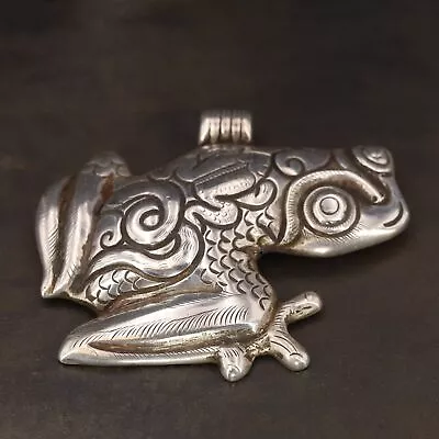 VTG Sterling Silver - NEPAL Engraved Frog Statement Necklace Pendant - 27g • $2.99