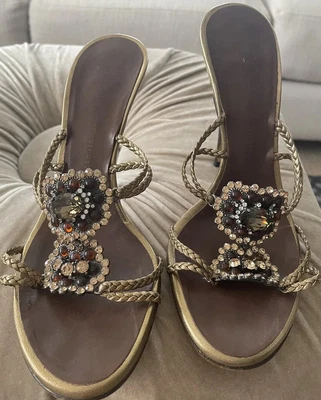$55 • Buy Giuseppe ZANOTTI Vicini JEWELED SANDALS HEELS  Amber Gold Stones 35  ITALY Vtg