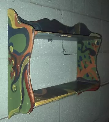 Vintage 1960’s 2 Tier Wood Shelf Hand Painted Psychedelic Art Work Wall Mount • $25