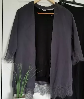 Divided H&M Gray Sheer Open Front Jacket/Cardigan Lace Trim 3/4Sleeve Top Size 4 • $23.25