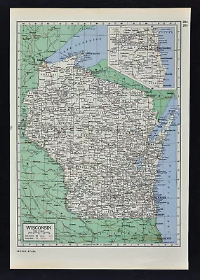 C1949 Britannica Map Wisconsin Madison Milwaukee Superior Green Bay Racine WI • $11.99