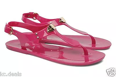 6m Michael Kors Mk Plate Jelly Fuschia Thong Sandal Strappy Logo Womens Shoes • $49.90