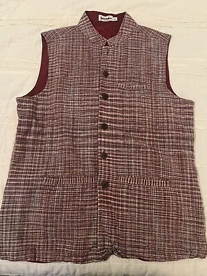 Fabindia Men's Red Beige Plaid Tunic Vest 100% Cotton 3 Front Pockets Lined • $23