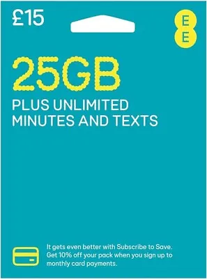 2x EE Sim Card Pay As You Go £15 Pack 25GB Data Unltd SMS Mini Micro Nano PAYG • £0.99