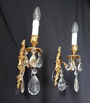 Bbeautiful Vintage Antique Pair Of  Brass Crystal 1 Light Sconces Wall Lights • $188