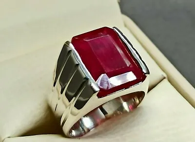 Emerald Cut Deep Red Ruby Sterling Silver 925 Roby Handmade Yakoot Mens Ring • $120