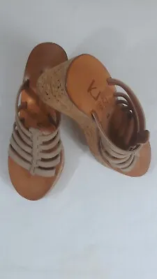 K. Jacques St Tropez 8M Khaki Platform  Leather  Cork Wedge Slide Sandals French • $22.50