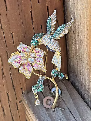 Bird Hummingbird Daisy Flower Green Crystal Glass Rhinestone Brooch Pin Vintage • $25.98