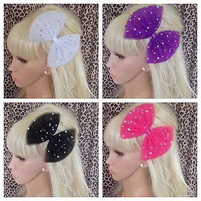 BIG OVERSIZED SPARKLE SEQUIN TULLE BOW HAIR CLIP GRIP 80s STYLE RETRO PARTY ZOOM • £4.50