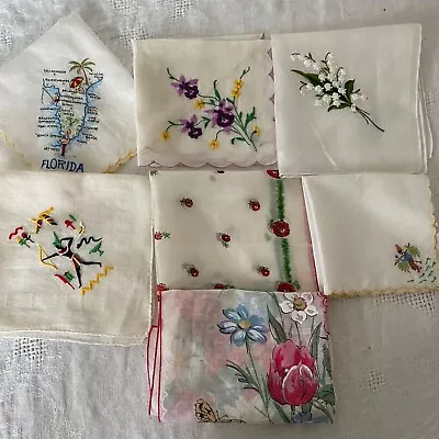 Vgt Lot 7 Cotton Voile Hankies Embroidered Scallop Edge  Handkerchiefs • $21