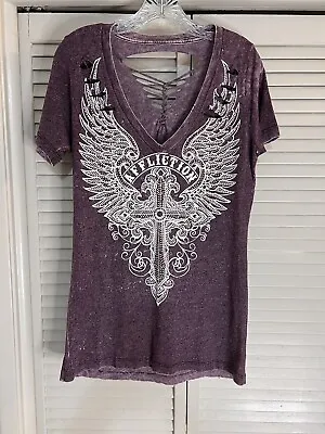 Affliction Live Fast Women’s Large Wings Feathers Short Sleeve Shirt Sparkly • £19.24