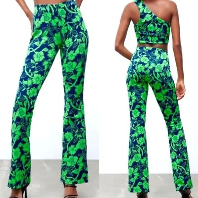 ZARA Green Blue Jacquard Floral Print High Waisted Flare Pants Size Small NEW • $34.99