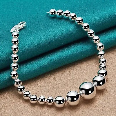 925 Sterling Silver Smooth Bead Ball Chain Bracelet 7.5'' Long Lobster Closure • $14.97