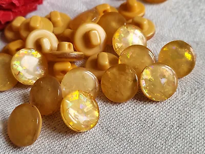 Lot 12 Mini Buttons Vintage Yellow Glitter Glittering Gold Inclusions Foot 11 • $3.26