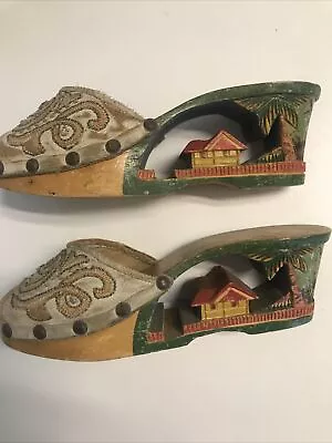 Vintage 1940s Philippines Hand Painted Carved Wood Wedge Sandal Shoes WWII • $75