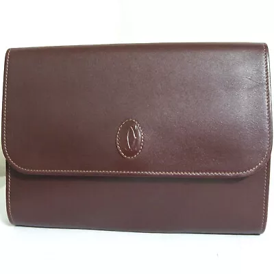 Auth Vintage Must De Cartier Clutch Bag Purse Bordeaux Leather Made In Italy T4 • $104