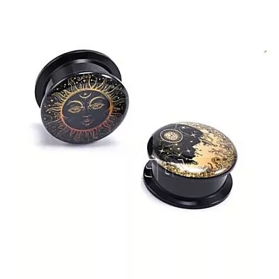 Pair Golden Sun And Moon Ear Gauges Plugs Ear Tunnels Piercings Body Jewelry  • $13.65