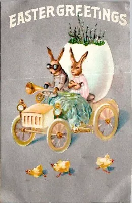 Antique Postcard Easter Greetings Anthropomorphic Rabbits Driving Car Egg 1908 • $8.96