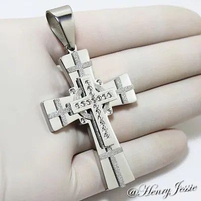 MEN's Stainless Steel Bling Icy Cubic Zirconia Glitter Finished Cross Pendant*N7 • $15.99