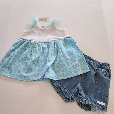 Naartjie Outfit New Top 18-24 And Denim Shorts 2 T Blue White Tulle Ruffle • $25