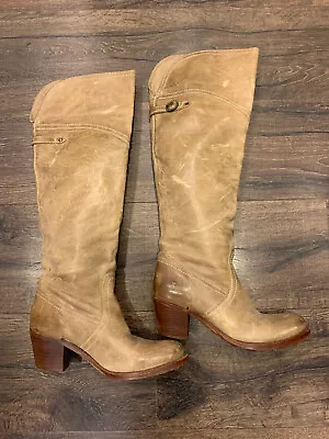 Frye Jane Leather Tall Cuff Boots Women Size 7 B Distressed 77594 Taupe $468 • $65